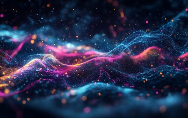 Poster - Futuristic Visualization of Music as Glowing Particles and Sound Waves in a Dark Digital Space