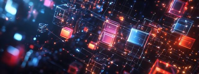Poster - 3D Sound Visualization of Music as Glowing Pulsing Cubes and Lines in a Futuristic Digital Space