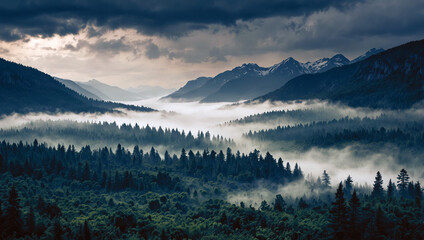 Wall Mural - Aerial view of fog forest with mountains