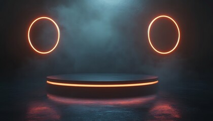 Poster - 3D Podium with Circular Platform Surrounded by Glowing Rings of Light in a Dark Futuristic Space