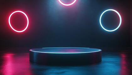 Poster - 3D Podium with Circular Platform Surrounded by Glowing Rings of Light in a Dark Futuristic Space