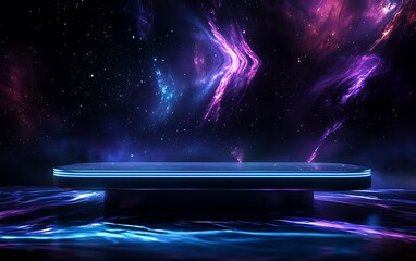 Aufkleber - Futuristic 3D Podium with Floating Platform Supported by Glowing Energy Beams in a Dark Cosmic Space