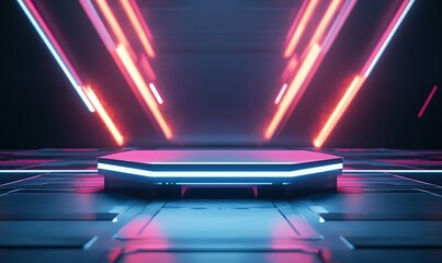 Aufkleber - Futuristic 3D Podium with Angular Overlapping Layers Emitting Soft Under-glow in a Dark High-Tech Space