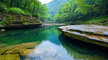 Wall Mural - Serene River Flowing Through Lush Green Forest