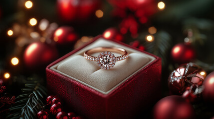 Engagement ring in a box around christmas decoration. 