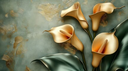 This mesmerizing artwork features golden calla lilies in a stunning 3D style, contrasting beautifully with a vibrant background, appealing to floral decor lovers and art collectors alike