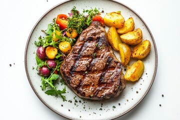 Wall Mural - Top view of delicious grilled beef steak and rustic potatoes wedges with vegetable salad served on plate on white background - generative ai