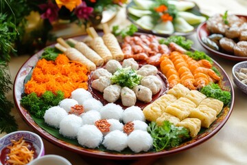 Vietnamese New Year dishes are a colorful and delicious array of traditional foods that are prepared to celebrate the Lunar New Year. - generative ai