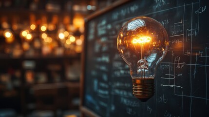 Poster - Glowing Light Bulb on a Blackboard with a Blurred Background.