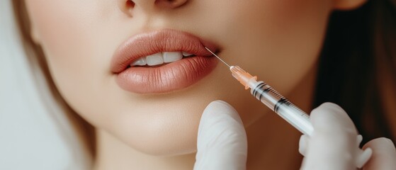 Wall Mural - Close up of hands of cosmetologist making botox injection in female lips. She is holding syringe. The young beautiful woman is receiving procedure with enjoyment