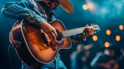 Poster - A country musician passionately strums an acoustic guitar while performing in a dimly lit venue filled with vibrant lights.