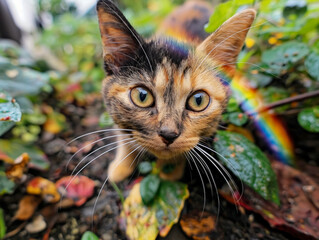 Wall Mural - A cat with a rainbow on its fur is looking at the camera. The cat is in a garden with lots of green plants and leaves