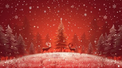 Two Reindeer Standing in a Snowy Forest with a Christmas Tree