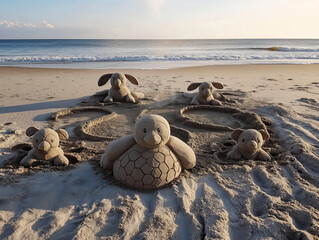 Wall Mural - A group of stuffed animals are sitting in the sand on a beach. The beach is calm and peaceful, with the ocean in the background. The stuffed animals are arranged in a circle