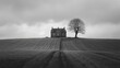 © BOJOShop - This black and white minimalistic landscape shows fields and an old mansion house in the English countryside