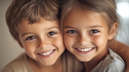 two child friends smiling, dental clinic setting, advertising photography