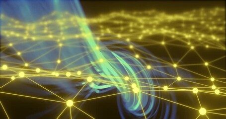 Poster - Glowing nodes and connections animation over abstract blue and yellow waves