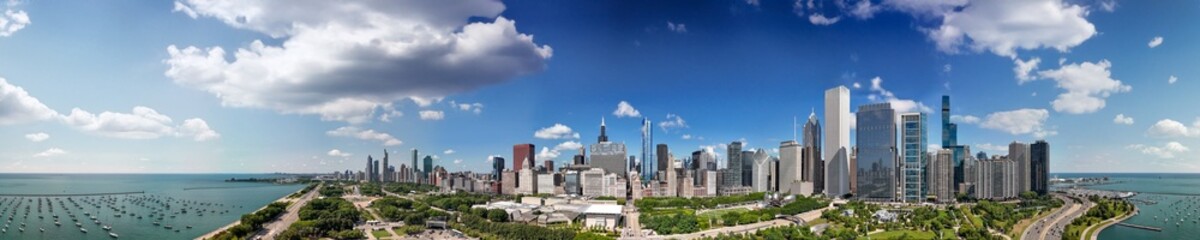 Wall Mural - Aerial panoramic view of Chicago skyline from Millennium Park on a sunny summer day