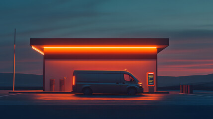 Electric Future:  A futuristic electric van charging at a modern, glowing gas station under a vibrant twilight sky.  The image evokes a sense of innovation, sustainability, and progress. 