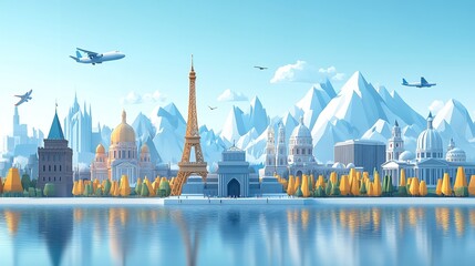 World famous landmarks grouped together under blue sky, concept of travel