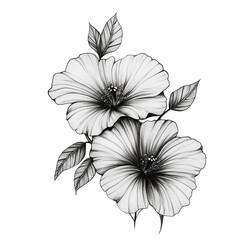 Wall Mural - PNG Black and white hibiscus with leaves