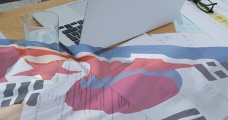 Poster - Documents and laptop on desk with abstract animation of colorful waves over them