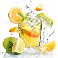 Wall Mural - Fruit splashing with water on yellow background. Citrus fruits