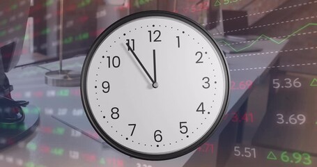 Poster - Clock showing 11:55 with stock market data animation in background