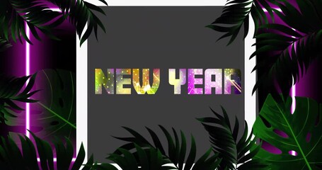 Poster - New Year text animation with colorful lights over tropical leaves frame