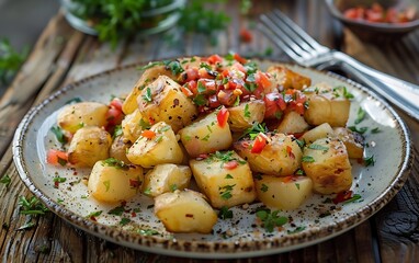 Wall Mural - Roasted or grilled potatoes on white plate.