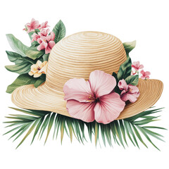 Wall Mural - PNG Straw hat adorned with tropical flowers and leaves