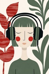 Wall Mural - Illustration of a person with headphones surrounded by plants, symbolizing relaxation and stress relief through music and nature- wallpaper