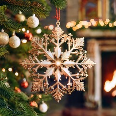 Wall Mural - Intricate snowflake ornament on a Christmas tree with a warm, cozy fireplace in the background. Ideal for creating festive home décor advertisements or seasonal blog content.