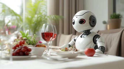 A humanoid robot sits at a table set for dinner