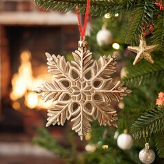 Elegant gold snowflake ornament hanging on a festive Christmas tree with a glowing fireplace in the background. Ideal for holiday greeting cards or seasonal social media posts.