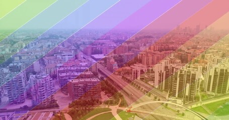 Poster - Cityscape with colorful diagonal lines animation over urban buildings and streets