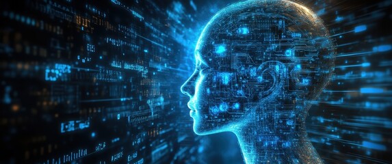 Fototapete - A digital illustration of an AI brain with gears and cogs, surrounded by blue rays representing data flowing through it. The background is dark to highlight the subject, creating a futuristic feel. 