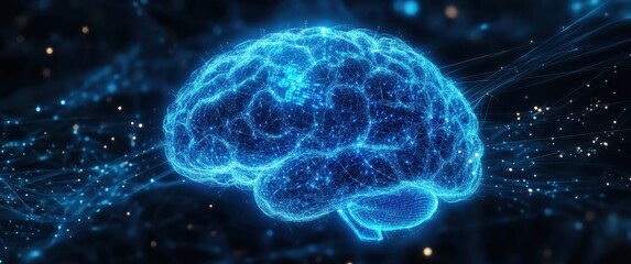 Poster - A blue digital brain with gears and circuitry inside, glowing in shades of light blue against the dark background. The head is shown from behind to showcase its intricate structure