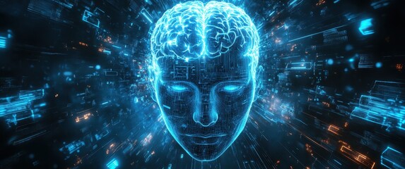 Fototapete - A digital illustration of an AI brain with gears and cogs, surrounded by blue rays representing data flowing through it. The background is dark to highlight the subject, creating a futuristic feel. 