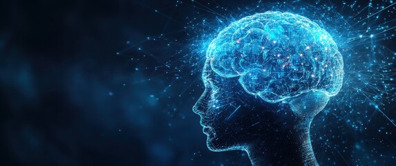 Poster - A blue digital brain with gears and circuitry inside, glowing in shades of light blue against the dark background. The head is shown from behind to showcase its intricate structure