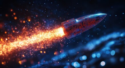 Poster - A rocket made of binary code flies into space, leaving behind colorful trails and sparkling stars. The background is dark blue with white light spots on it. 