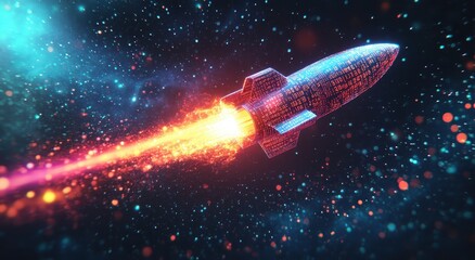 Wall Mural - A rocket made of digital data and binary code flying through space, leaving behind colorful trails of light on the background of blue cosmic sky. The concept symbolizes fast video