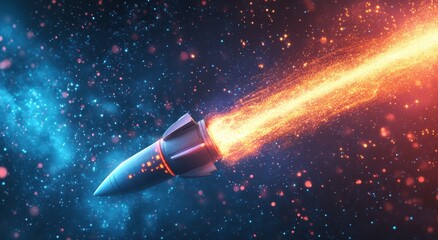 Canvas Print - A rocket made of binary code flies into space, leaving behind colorful trails and sparkling stars. The background is dark blue with white light spots on it. 