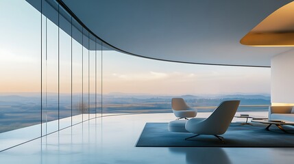 Poster - Modern 3D Room with Floor-to-Ceiling Windows Overlooking Futuristic Landscape, Sleek Furniture, and Minimalist Design