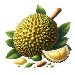 Wall Mural - Ripe, thorny durian fruit isolated on transparent background, tropical Asian delicacy with sweet, creamy flesh, png