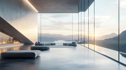 Poster - Modern 3D Room with Floor-to-Ceiling Windows Overlooking Futuristic Landscape, Sleek Furniture, and Minimalist Design