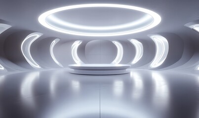 Poster - Futuristic 3D Room with Minimalist Aesthetic, Floating Platform, and Circular Light Rings in a Glossy Space