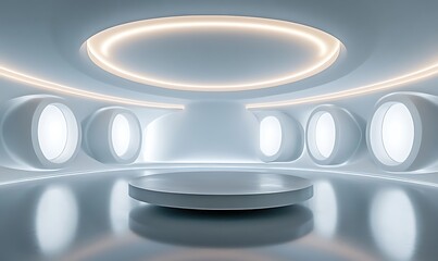 Poster - Futuristic 3D Room with Minimalist Aesthetic, Floating Platform, and Circular Light Rings in a Glossy Space