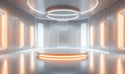 Poster - Futuristic 3D Room with Minimalist Aesthetic, Floating Platform, and Circular Light Rings in a Glossy Space