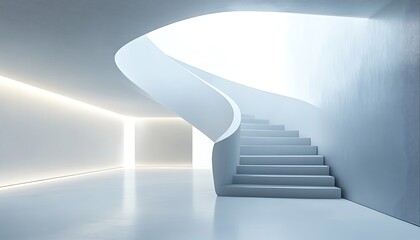 Poster - Ultra-Modern 3D Room with Floating Spiral Staircase, Translucent Walls, and Serene Ambient Lighting